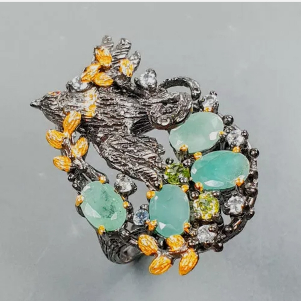 Gorgeous Sterling & Rhodium bird in a nest of Emeralds Peridot & Aquamarines - Picture 5 of 8